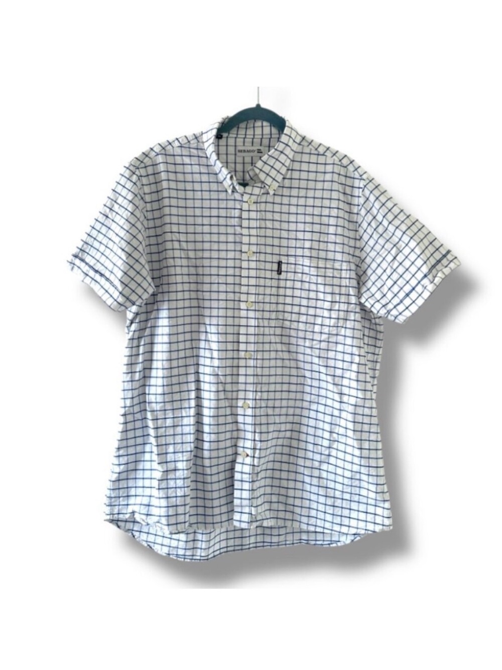 Sebago White Blue Checkered Short Sleeve Button Down Shirt Men's Size XXL Preppy